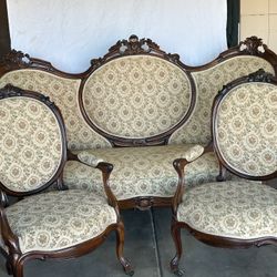 Antique Victorian 3 Sofa And 2 Matching Chairs 