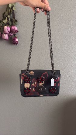 Coach  jeweled floral-print mini chain crossbody/turnlock bag