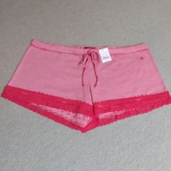 BRAND NEW W/TAG AERIE BY AMERICAN EAGLE LADIES SOFT FLORAL LACE TRIMMED HOT PINK & WHITE STRIPE LOUNGE SHORT SHORTS W/DRAWSTRING WAIST SZ LARGE 