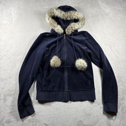 Vintage Y2K Juicy Couture Velour Fur Hoodie Womens L Blue Jacket Pom Pom #807