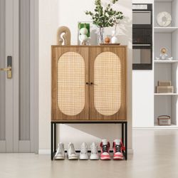 Natural rattan 2 Door high cabinet, rattan, Built-in adjustable shelf, Easy Assembly, Free Standing Cabinet for Living Room Bedroom
