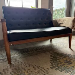 Mid century Leather / wood love seat
