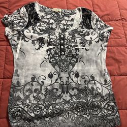 One World live and let live black & grey floral top
