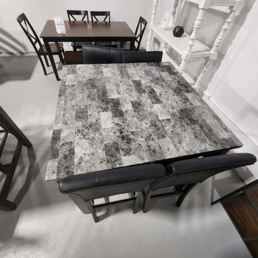 Black Faux Marble Table Counter Height Dining Set/5 Piece