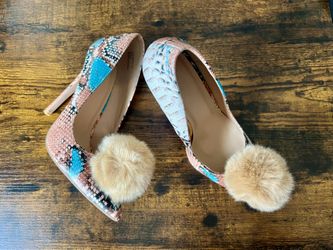 Charlotte Russe pom-pom stiletto heels multicolored snakeskin-patterned print