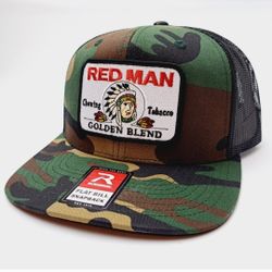 Red Man Embroidered Patch Flat Bill Trucker Mesh Snapback Cap Hat Richardson 115