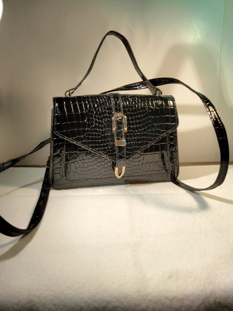 Women's Black Leather Crocodile Handbag 