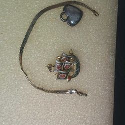 14k-18k Gold Vintage Bracelet, Gold And Silver Painted Golden Spanish Galleon, And Silver Heart With Diamond Embedded  