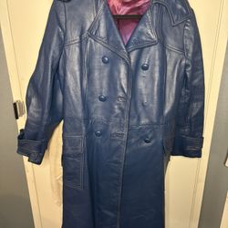 Vintage 70s Navy Blue Genuine Leather Trench CoatDoubleBreastedUnion Made Size14