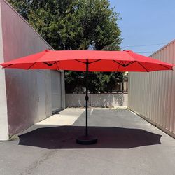 (Brand New) $115 Large Double Sided Outdoor (15ft Umbrella and 65lbs Plastic Base set) Colors Red/Gray