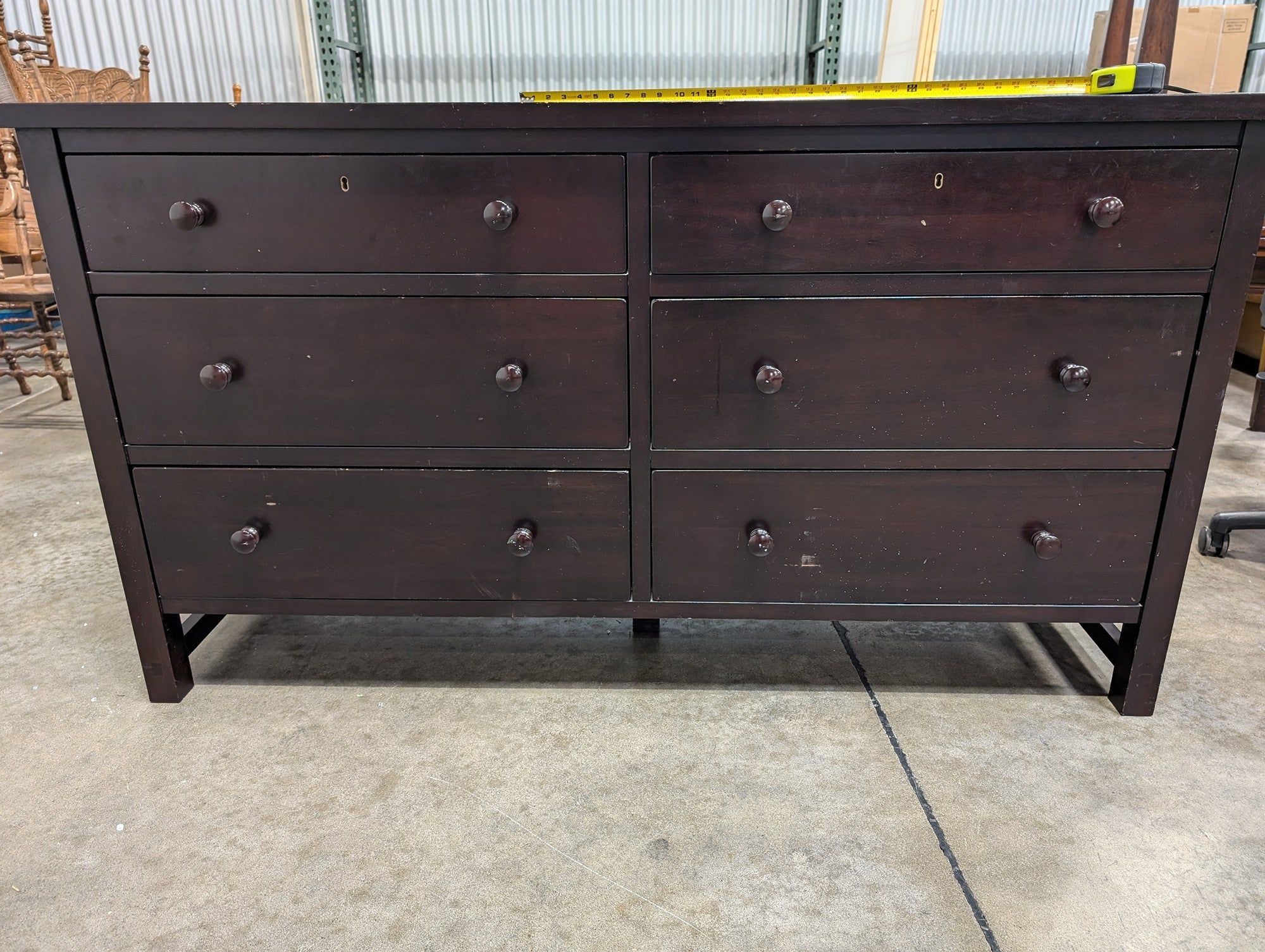 Dark Brown Six-Drawer Dresser with Knob Pulls