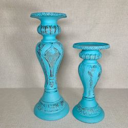 Set Of Two Deco Painted Turquoise Pillar Distressed Candle Holders. 