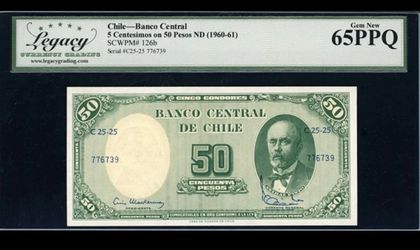 (1960-61) Chile ND 5 Centesimos Banco Central Note Legacy Gem New 65 PPQ