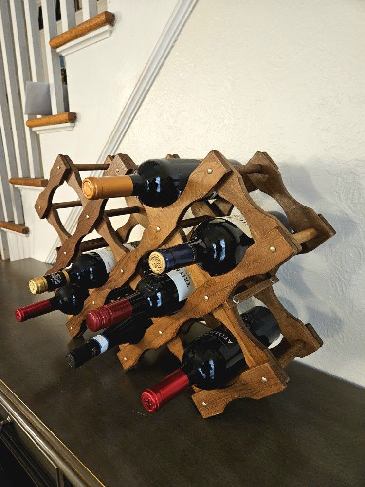 Vintage MCM Accordion Style Expandable 10 Bottle Holder Folding Solid Wood Wine Rack