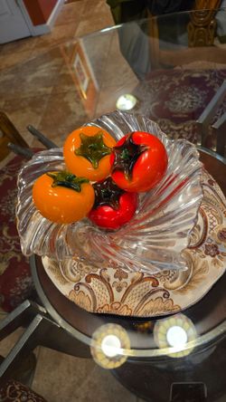 Art Glass Swirl Centerpiece Bowl with Decorative Glass Fruit — 5 Piece Set