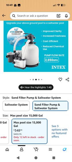 Intex Salt water system pool pump