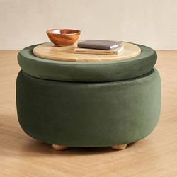 0904g  Luna Round Ottoman with Storage and Tray, Round Coffee Table with Storage, Upholstered Foot Stools Ottoman for Living Room, Bedroom, with Solid