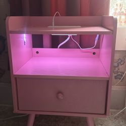 Pink Nightstand with LED Lights + Charging Station