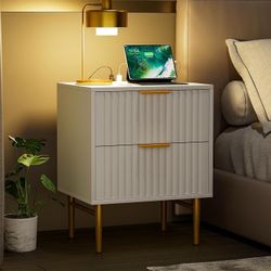 Nightstand with Charging Station, Side Table with 2 Drawers, Fluted End Table with Gold Metal Legs