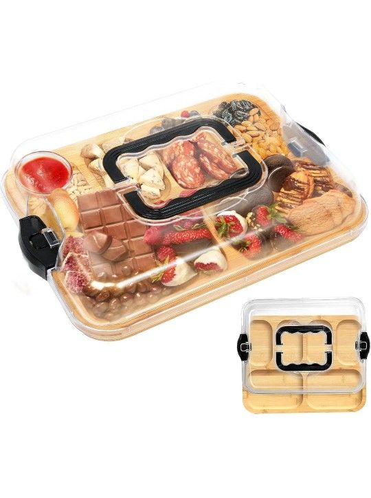 Bamboo Charcuterie Board with Lid & Handle, 6 Compartments, Cheese Board with Locking Cover, Gifts for Couples, Wedding,Engagement, Housewarming, Whit