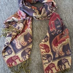 70% Pashmina & 30% Silk Elephant Design Scarf Shawl Wrap Large 79"X 27" With Fringe Reversible 