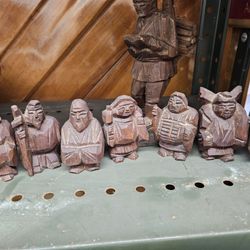 Antique 7 Lucky Gods Chinese Wood Carved Figures 