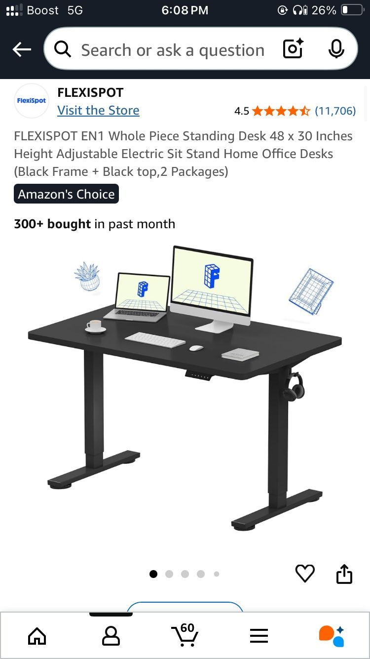 Standing Desk, 48 x 30 Inches, Electric Height Adjustable, Home Office Desk, New In Box