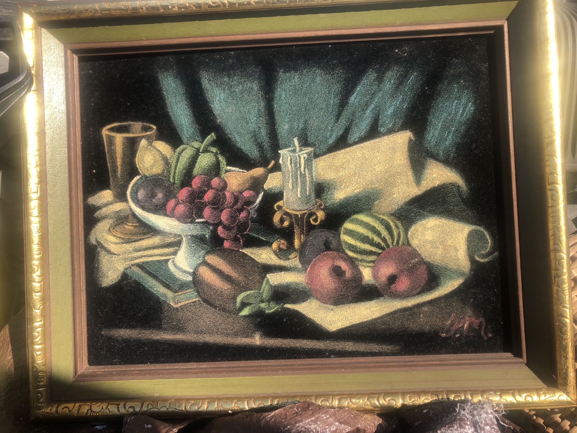 Vintage Velvet Painting , Still Life Signed By Artist 15 X 19