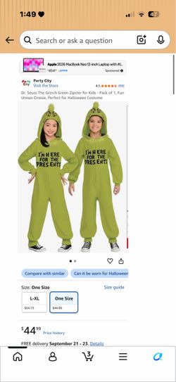 Kids Grinch Zipster Onesie Costume Size Youth L / XL