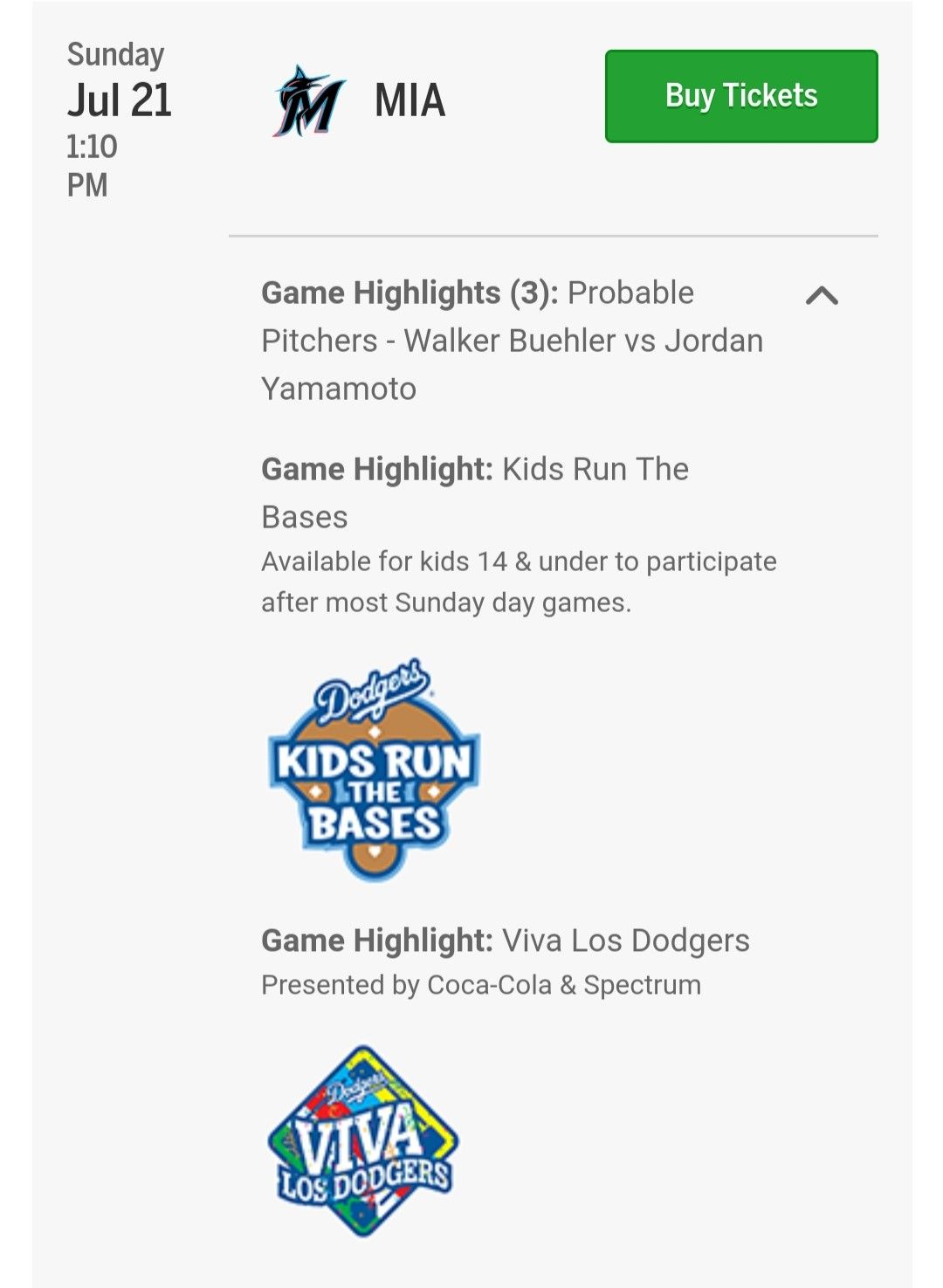 2 Dodgers tickets for Sunday 7/21