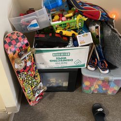 Kids Toys, Sk8te Board, Legos, Random Small Toys And Hot wheels 