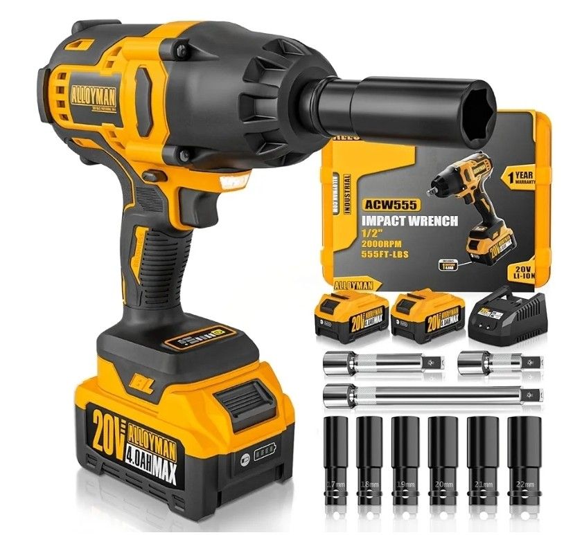 Alloyman 1/2 inch Impact Wrench Cordless, (750 N.m) 555 Ft-lbs Hight Torque Wrench,20V Power Impact Driver, Brushless Motor 2000 RPM, 2x 4.0AH Li-ion