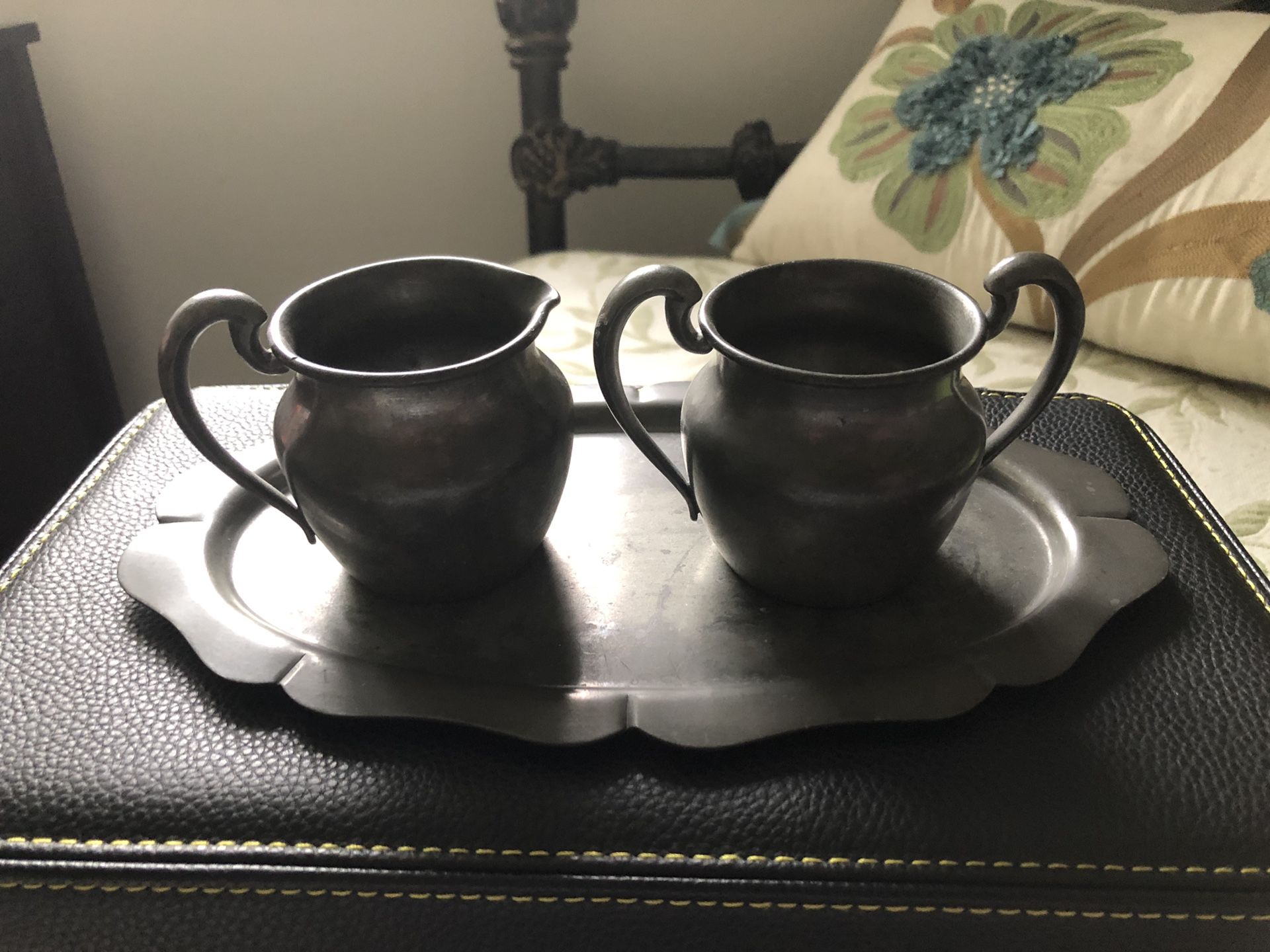 1880’s Vintage Pilgrim Solid Pewter Cream & Sugar Set