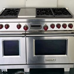 Wolf 48” Dual fuel Range With 6 Burners Plus Griddle With Electric Convection Ovens & Signature Red Knobs