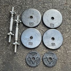 ADJUSTABLE DUMBBELLS : PLATES & 2 SMALL CURL BARS (FOUR) 10s & (TWO) 2.5s