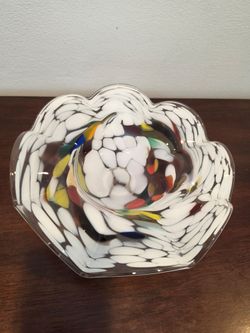 Vintage Hand Blown Art Glass Confetti Bowl Murano Style White Spatter 11"