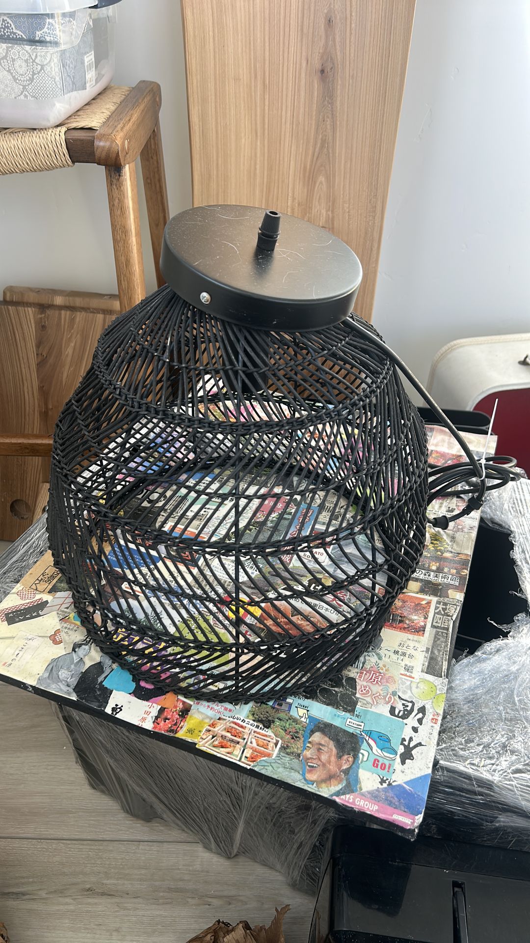 Large Black Pendant Light Wicker Wabi