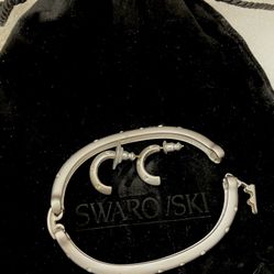 New Swan Swarovski Matte Silver Tone Polka Dot Crystal Rhinestone Bangle Bracelet and Earings Set