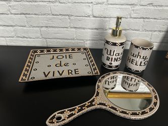 Anthropologie Bistro Tile Stoneware Bath Collection soap pump canister mirror tray towels wall art