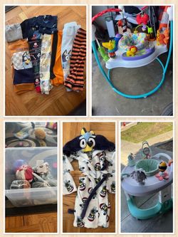 Lot of baby boy clothes, walker& a jumper