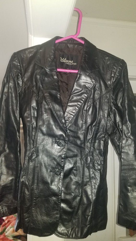Womens Black Leather Jacket Sz M (14)