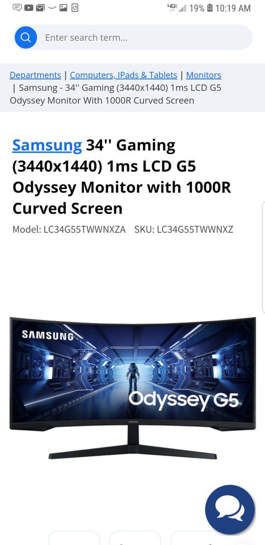 Samsung  34'' Gaming (3440x1440) 1ms LCD G5 Odyssey Monitor with 1000R Curved Screen

