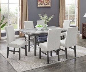 7-Piece 60" Rectangular Gray Faux Marble Top Dining Set with 6 Upholstered Chairs and Storage Shelf in Gray Finish
