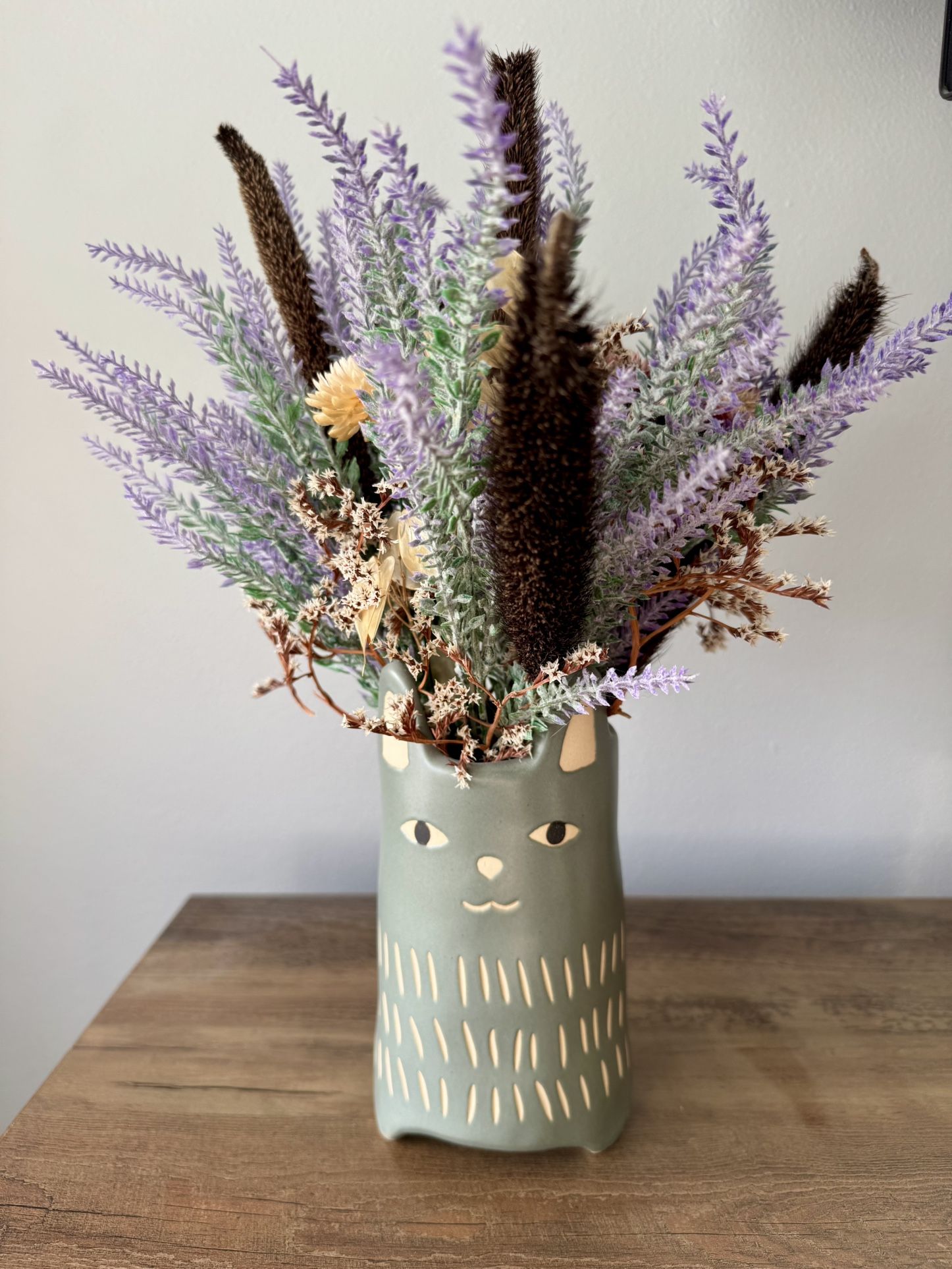 Gray/Blue Hand Painted Ceramic Cat Vase with Mixed Dried & Artificial Flowers