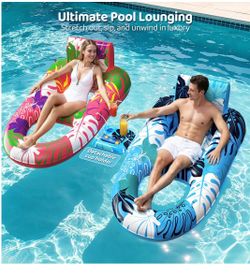 3 Pack Pool Floats Adult Heavy Duty, Inflatable Pool Lounger Float with Detachable Cup Holders & Backrest, Extra Large Pool Rafts Water Floaties for A