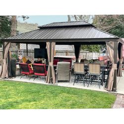 14' X 20' Hardtop Gazebo, Upgraded Metal Gazebo with Drainage System, Dual-Layer Galvanized Steel Roof, Curtain and Netting, Outdoor Shelter Canopy fo