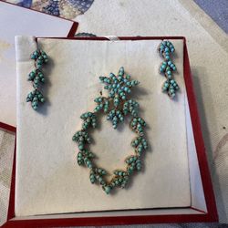 18K Gold & Turquoise Earrings & Pendant For Necklace 