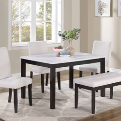 5-Pcs Dining Set - Table + 3 Chairs + Bench  This 5-piece dining sets simple and cozy dimensions make it a great fit for apartment kitchens. Each chai