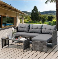 3 Pieces Outdoor Patio Furniture Set, Wicker Patio Conversation Set, All Weather Wicker Rattan Patio Seating Sofas with Glass Coffee Table and Cushion
