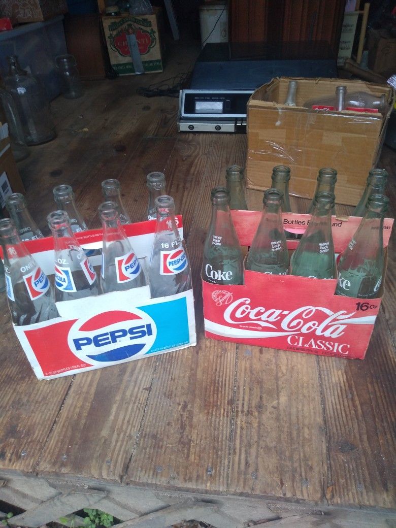 Vintage Pepsi And Coca Cola Bottles With Cartons